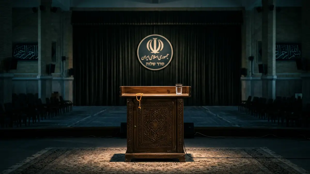 An empty official podium in a dimly lit hall with prayer beads and a glass.