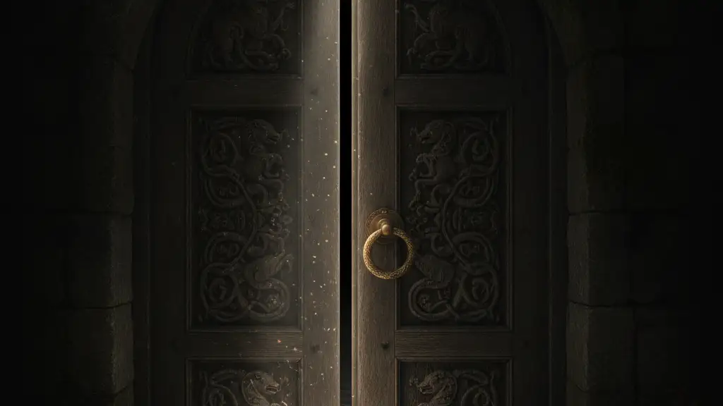 A slightly ajar, dark wooden door with a tarnished brass handle, revealing a sliver of darkness.