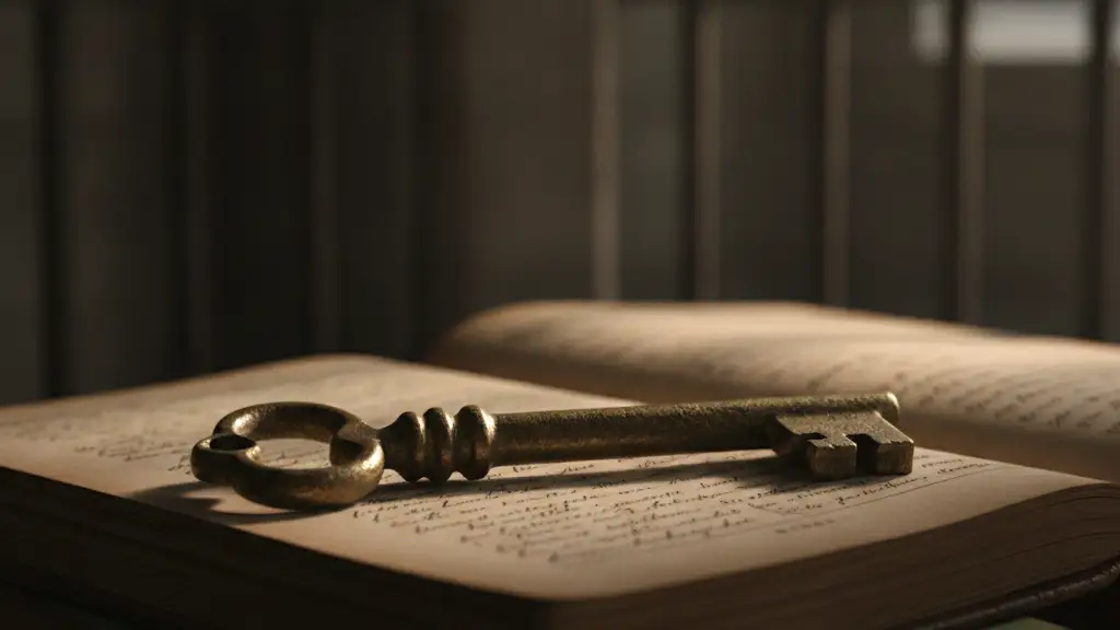 An antique brass key resting on blurred, open ledgers, symbolizing economic data.