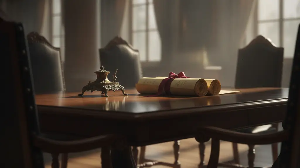 Empty cabinet table with inkwell and documents, suggesting a transition of power.