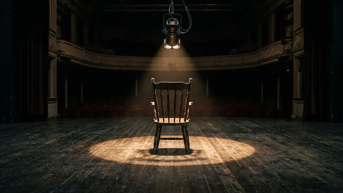 Empty wooden stage with a single spotlight on an antique armchair, back to viewer.