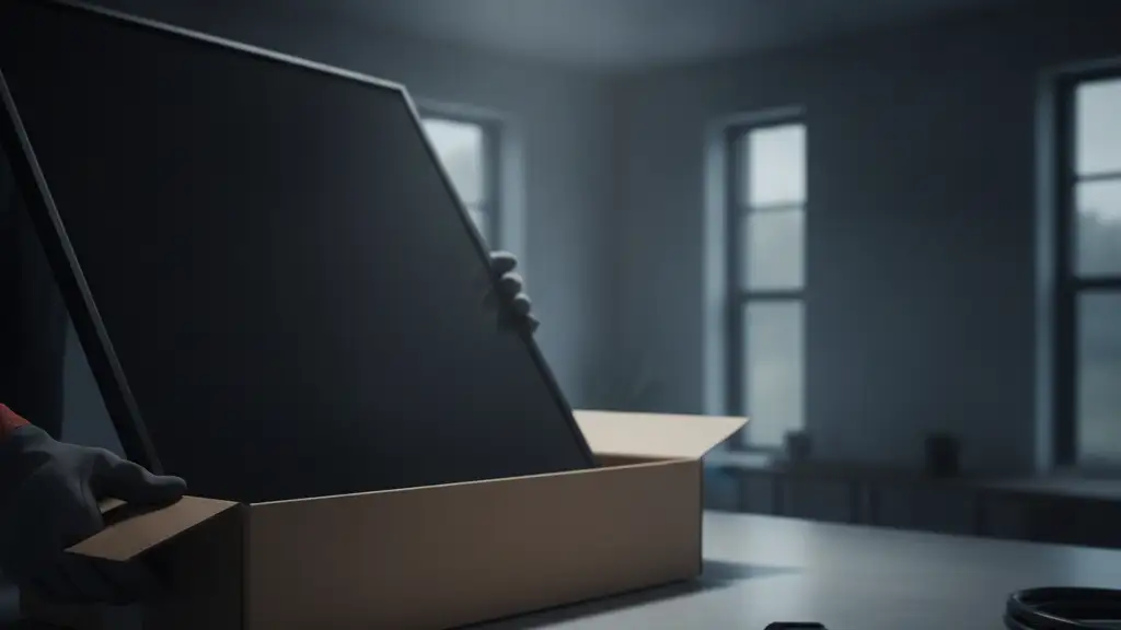 Close-up of a solar panel being unboxed, utility plug visible.