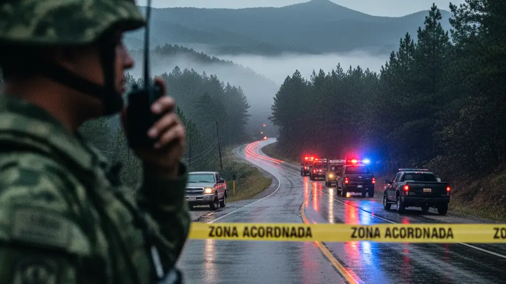Military checkpoint at dusk with emergency lights reflecting on a wet road behind police tape.
