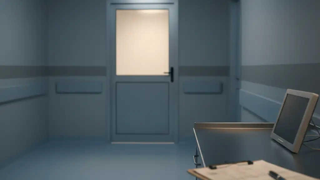 Blurred hospital corridor with a closed frosted glass door and a medical chart.