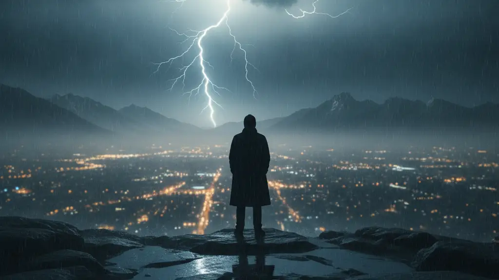 Silhouetted figure under a stormy sky with distant city lights and rain.