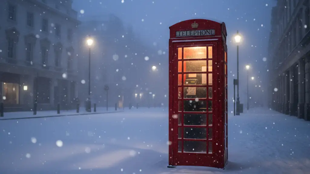 A red British telephone box standing in deep snow during a nighttime winter storm.