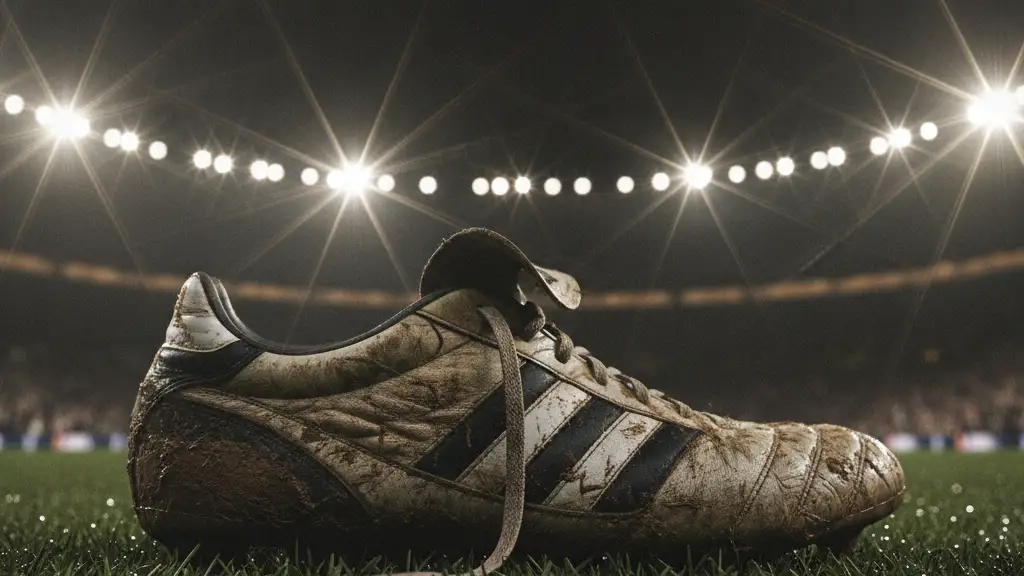 A muddy football boot on grass, with blurred paparazzi flashes in the background.