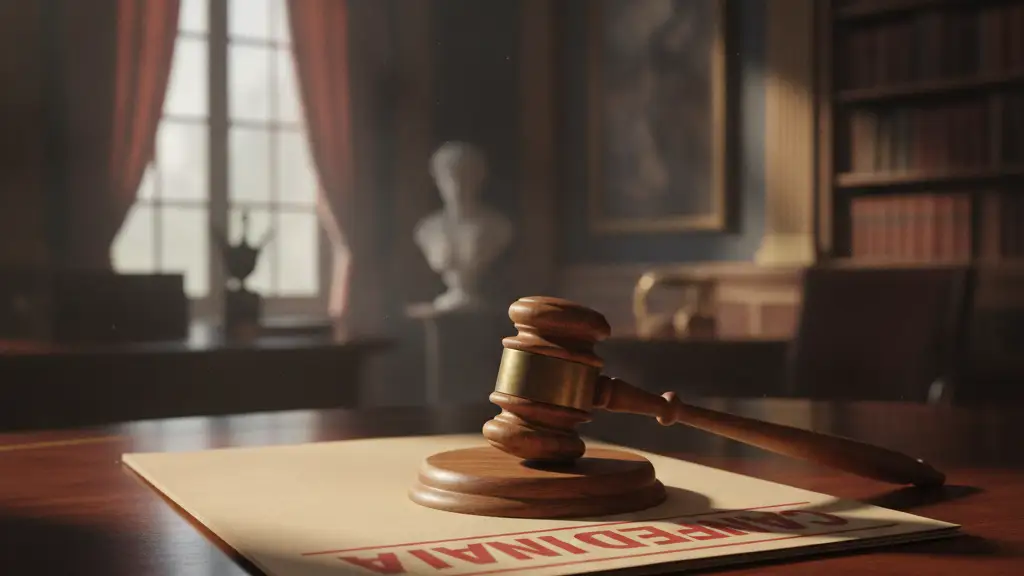 A heavy wooden gavel on a mahogany desk next to a 'CONFIDENTIAL' file.