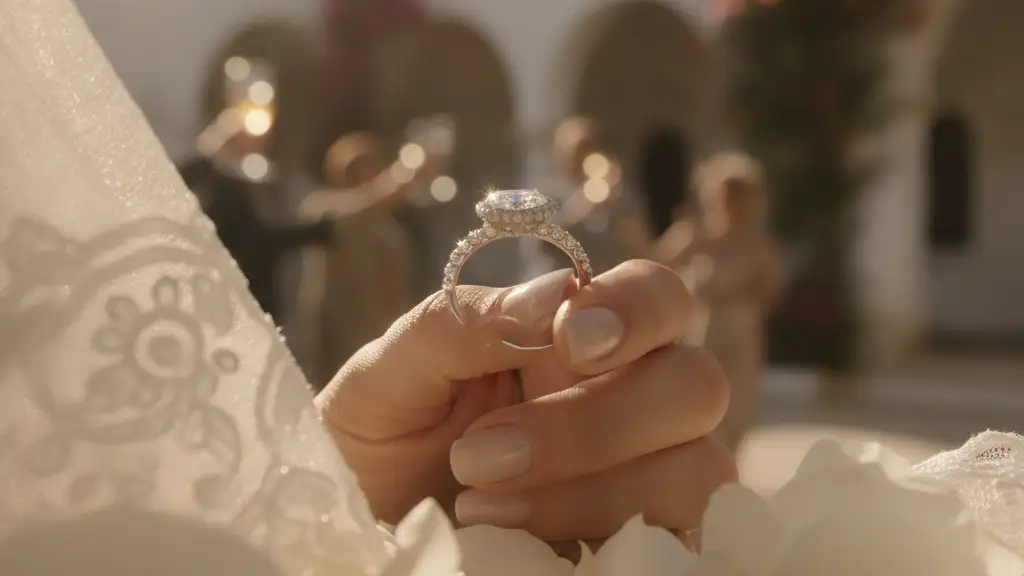 Close-up of a diamond wedding ring on a hand, with a blurred lavish venue.