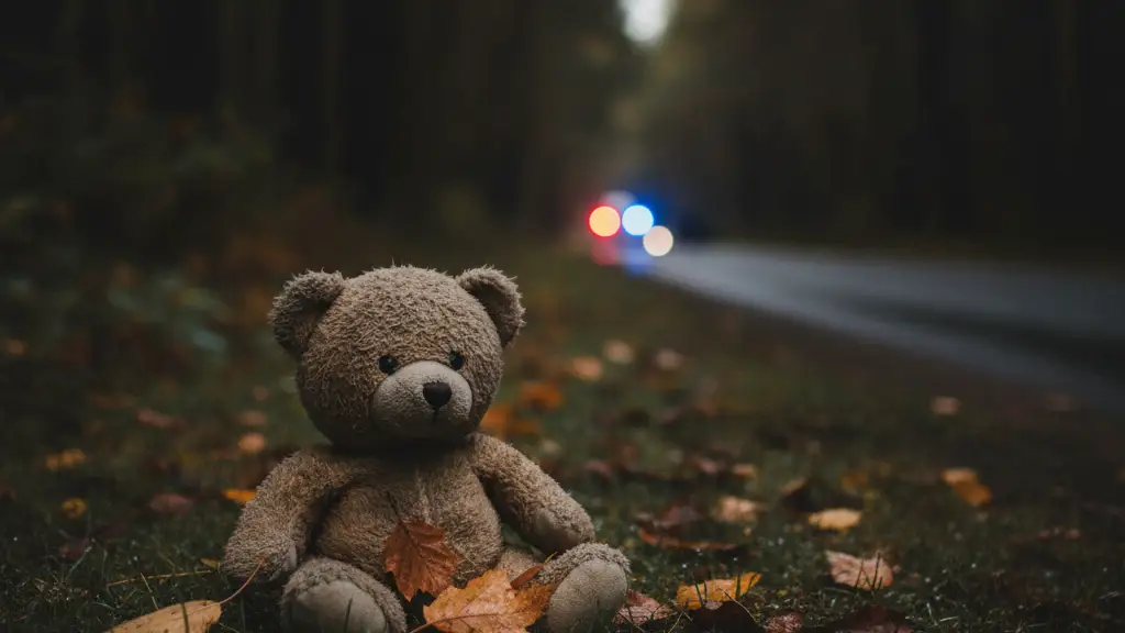 A small, worn teddy bear lies on damp grass near a forest edge.