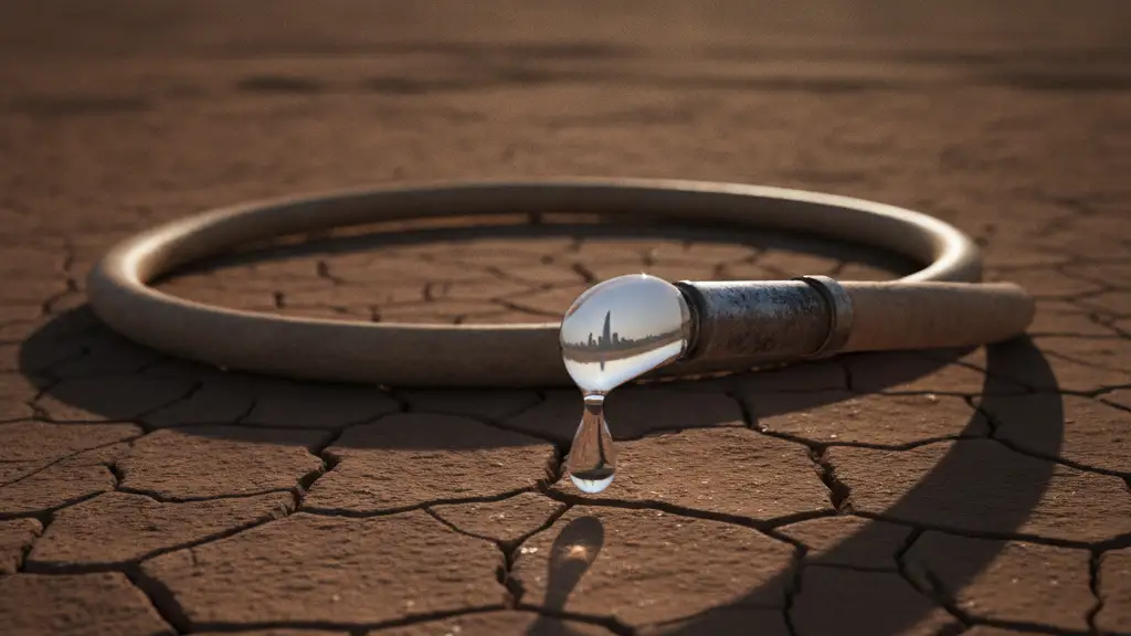 A parched, cracked garden hose with a single water droplet, reflecting a distant London landmark.