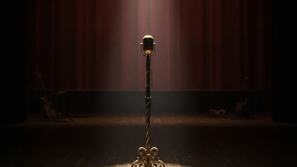 A lone microphone stand under a single spotlight on an empty stage.