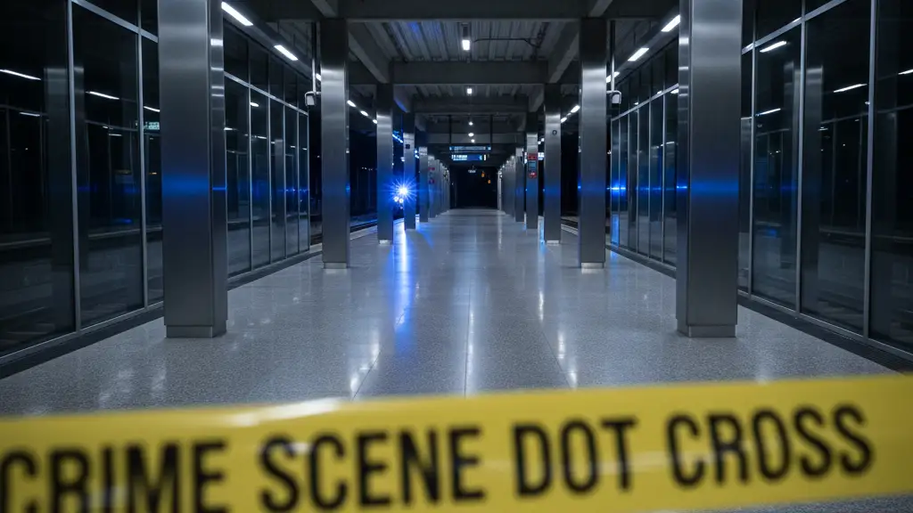 Police tape across a deserted railway station platform with blue emergency lights reflecting on glass.