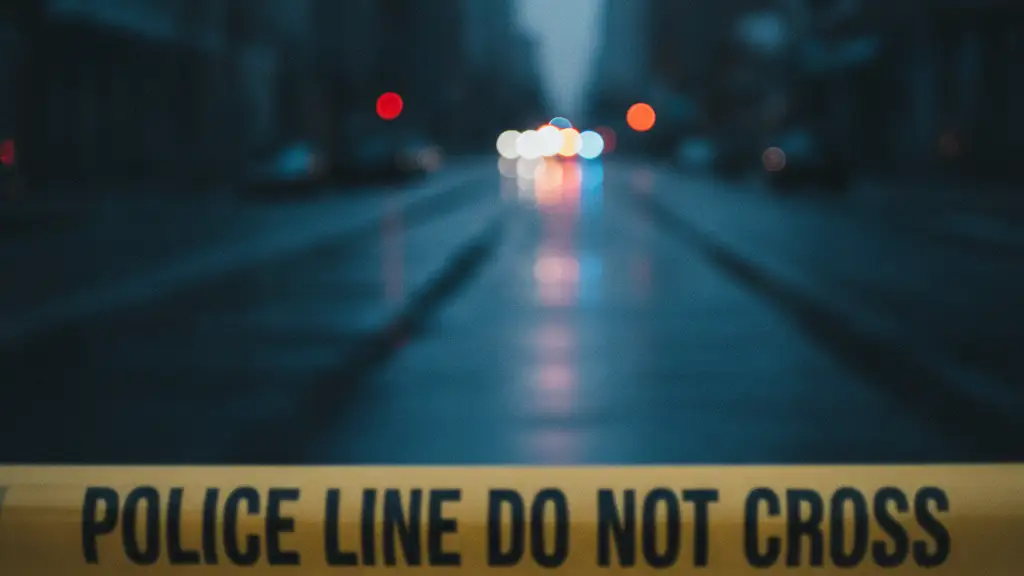 Police tape with blurred red and blue emergency lights reflecting on a wet road.