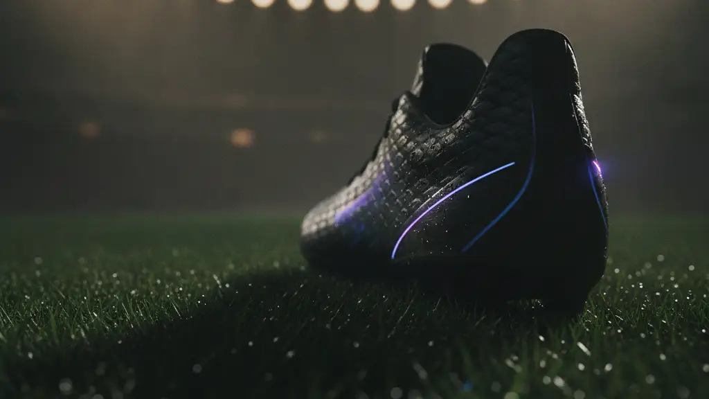 A lone, futuristic football boot on a dewy pitch under stadium lights.