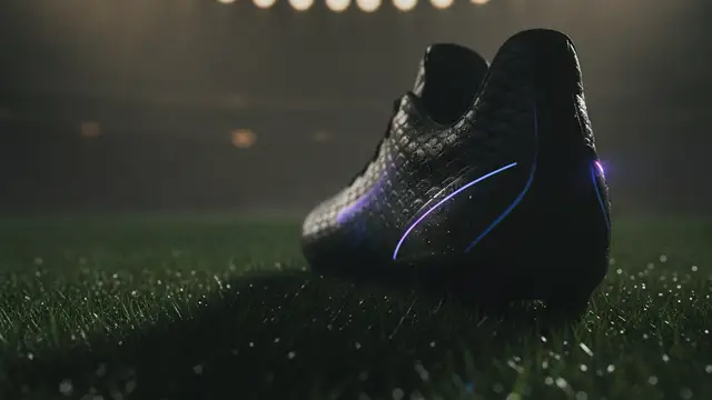 A lone, futuristic football boot on a dewy pitch under stadium lights.