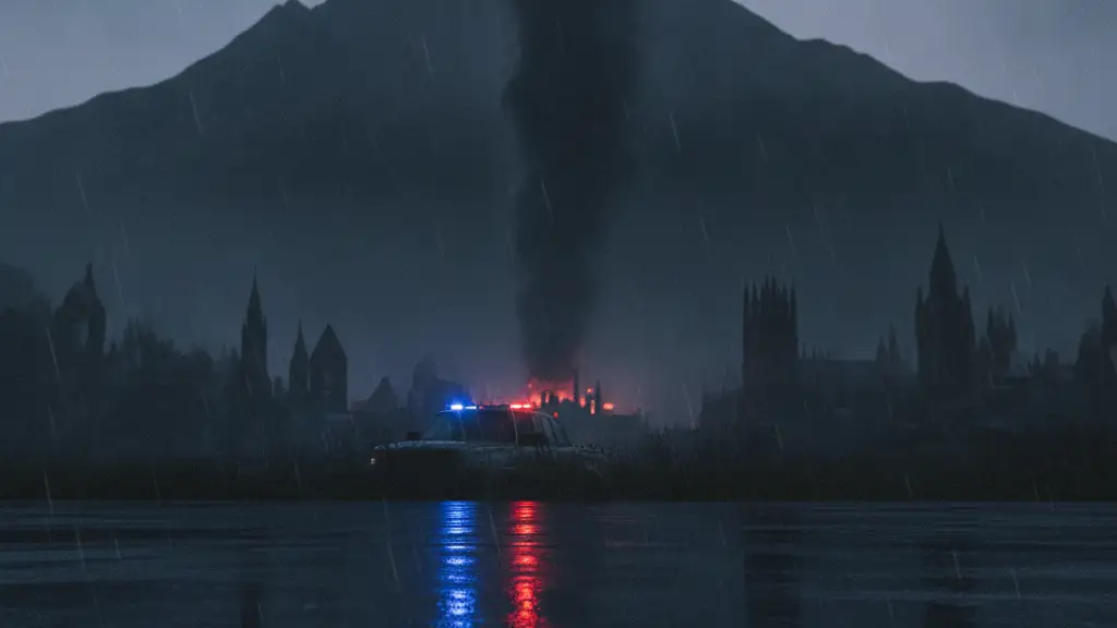 Smoke rising from a mountain at dusk, emergency lights reflecting in a puddle.