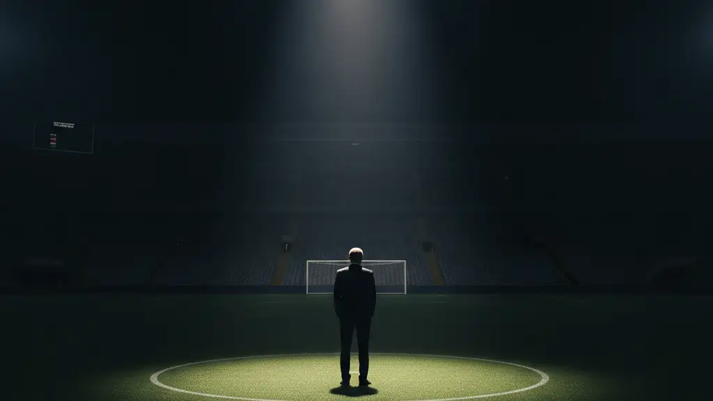 Silhouette of a football manager on an empty pitch under a spotlight.