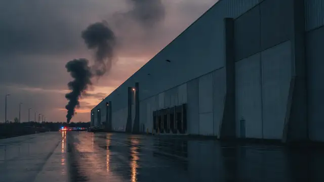 Distant smoke plume over a warehouse at dusk, emergency light reflections on wet ground.