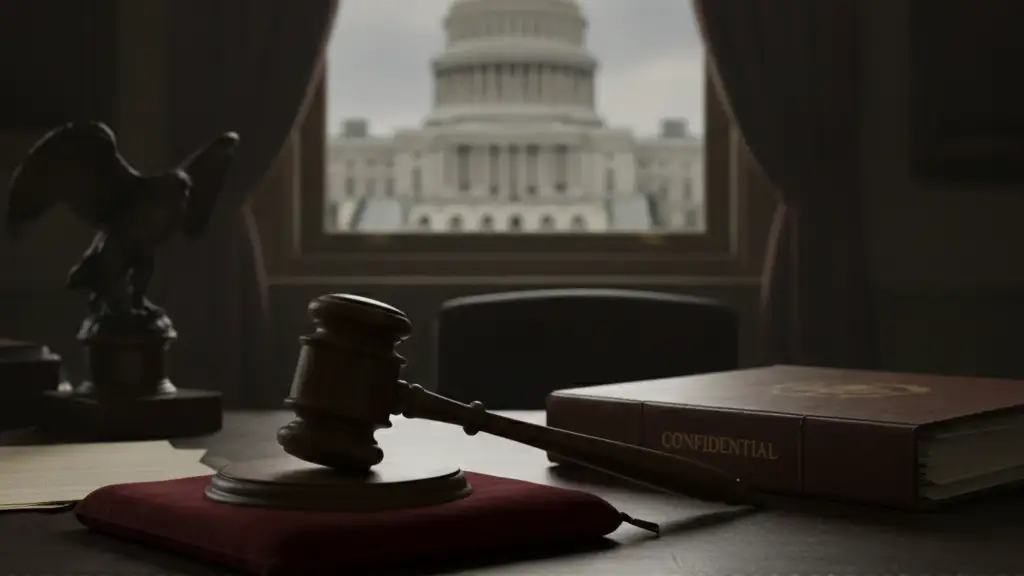 A lone gavel on a mahogany desk next to a 'CONFIDENTIAL' file.