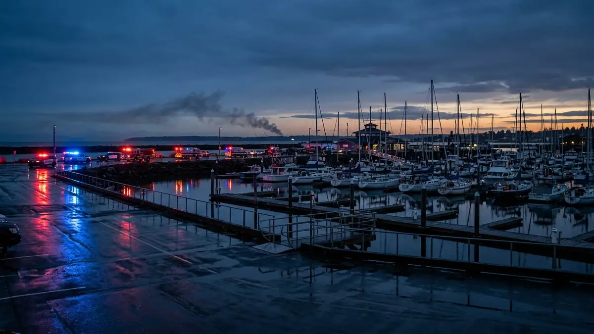 Emergency lights reflecting on a wet marina at dusk, with distant smoke.