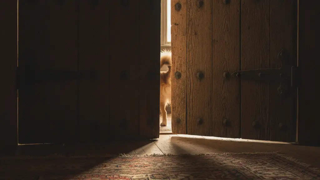 A slightly ajar wooden door with a dog's tail silhouette visible through the gap.