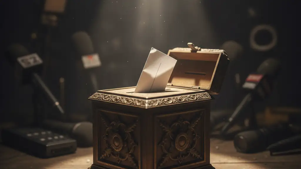 Ornate ballot box, slightly open, with a ballot inside, surrounded by blurred microphones.