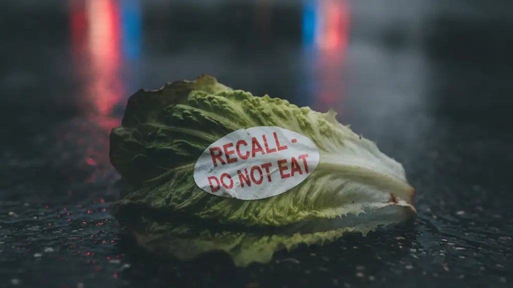 Wilting lettuce leaf with blurred 'RECALL' label and distant emergency lights.