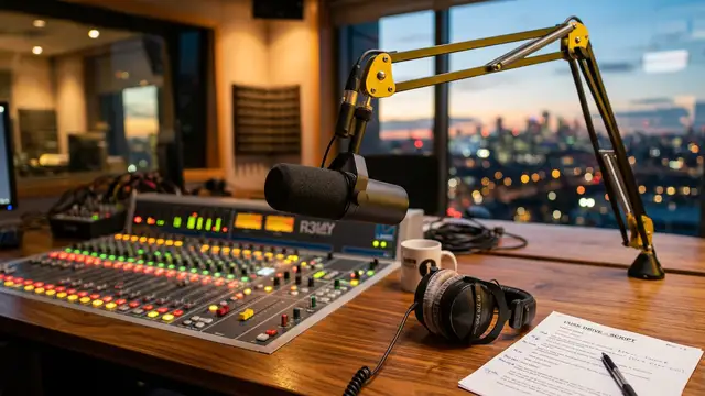 A professional radio microphone and headphones on a desk in a broadcast studio.