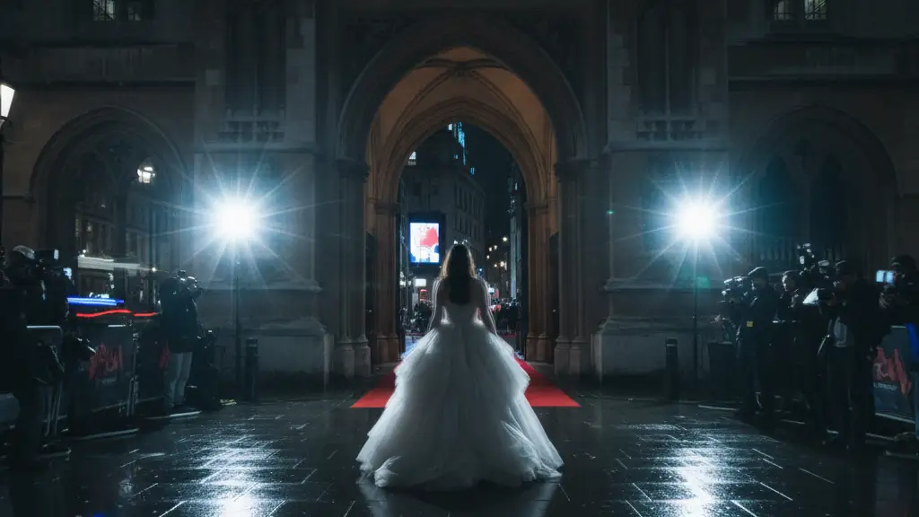 A silhouette of a woman on a rain-slicked red carpet surrounded by bright camera flashes.