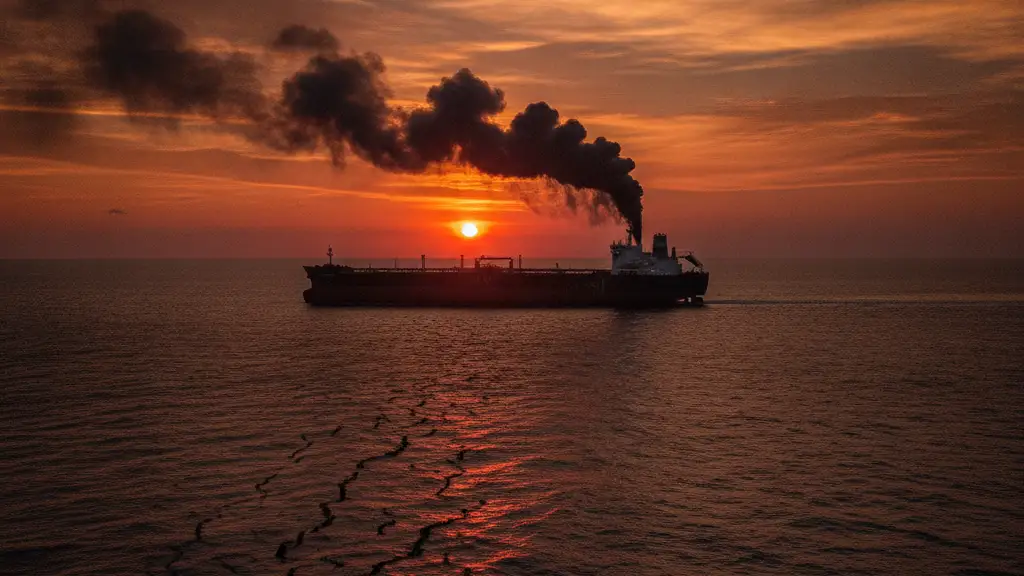 Oil tanker with smoke rising, silhouetted against a dramatic, fiery sunset.