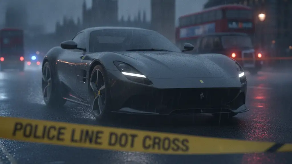 Police tape in front of a dark, reflective supercar on a wet London street at night.