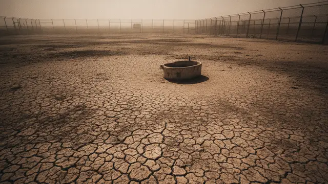 Empty, parched lion enclosure under a hazy, hot sun, evoking absence.