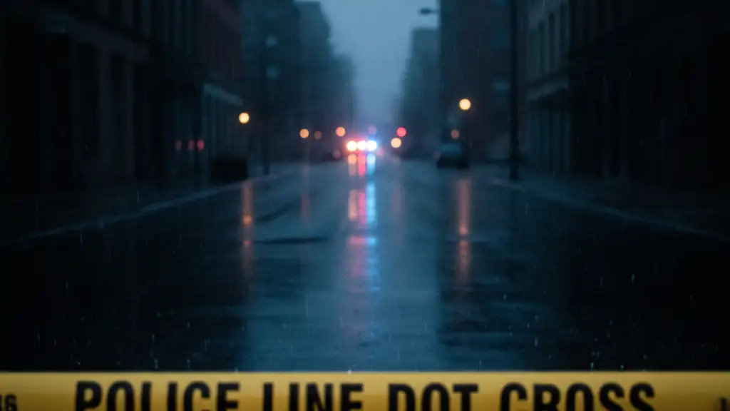 Police tape and emergency lights reflecting on a wet street at night.