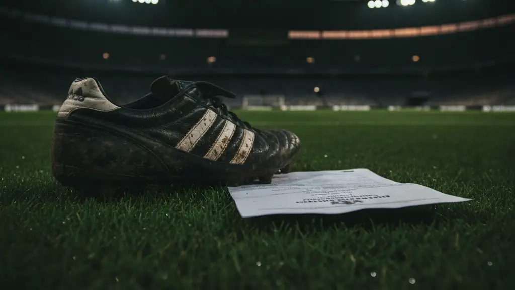 A muddy football boot on an empty pitch, with a blurred official document nearby.