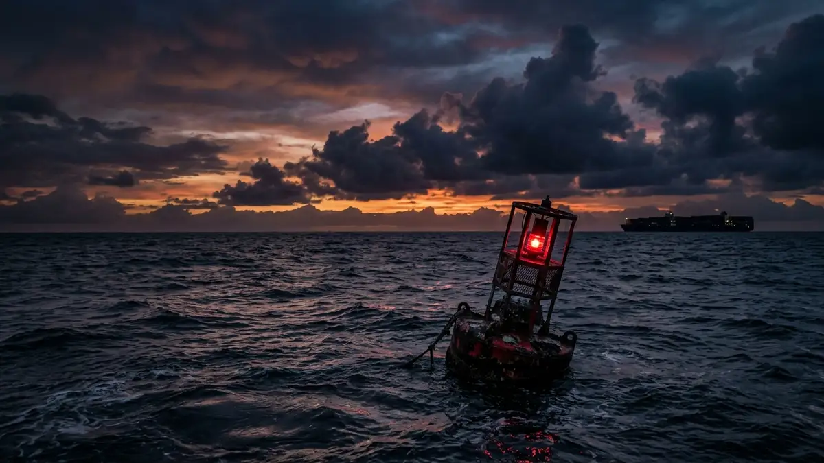 Dusk over a calm ocean with a distant ship silhouette and a red flashing buoy.