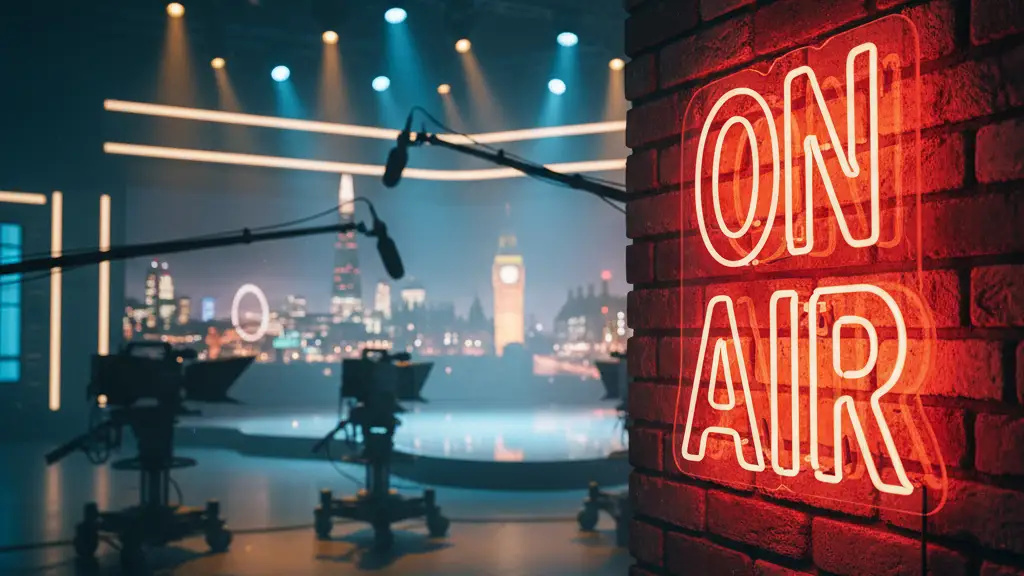 A red neon ON AIR sign in a television studio with London skyline backdrop.