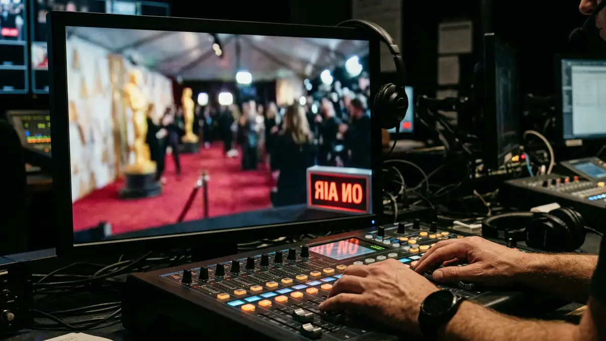 A broadcast monitor showing a blurred awards ceremony next to a glowing control console.