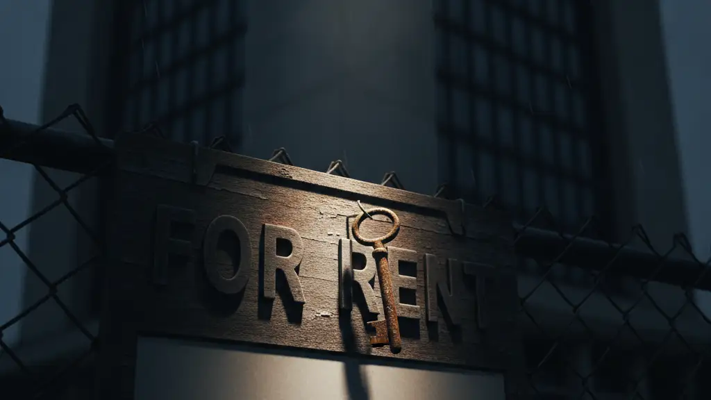 A weathered key hangs from a 'FOR RENT' sign, blurred government building behind.