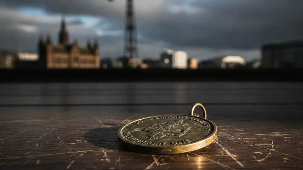 A tarnished Commonwealth Games medal on wood, blurred Glasgow architecture in background.