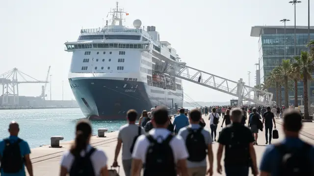 Cruise ship docked in a sunny port with blurred figures of people in the foreground.