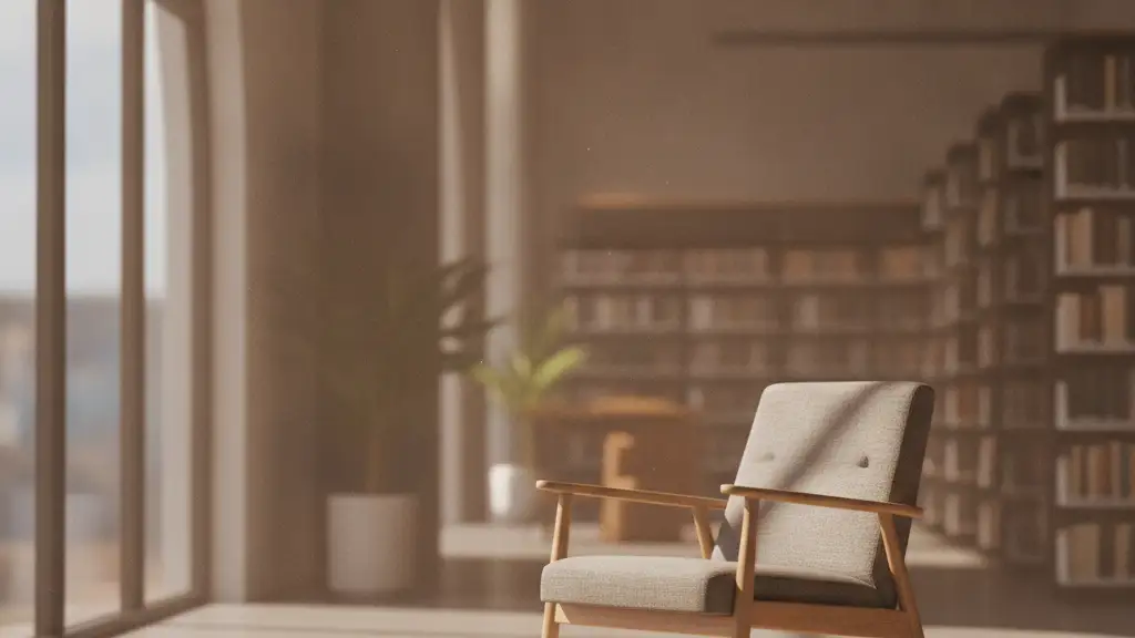 Empty armchair in a sunlit, modern library, symbolizing mental health support.
