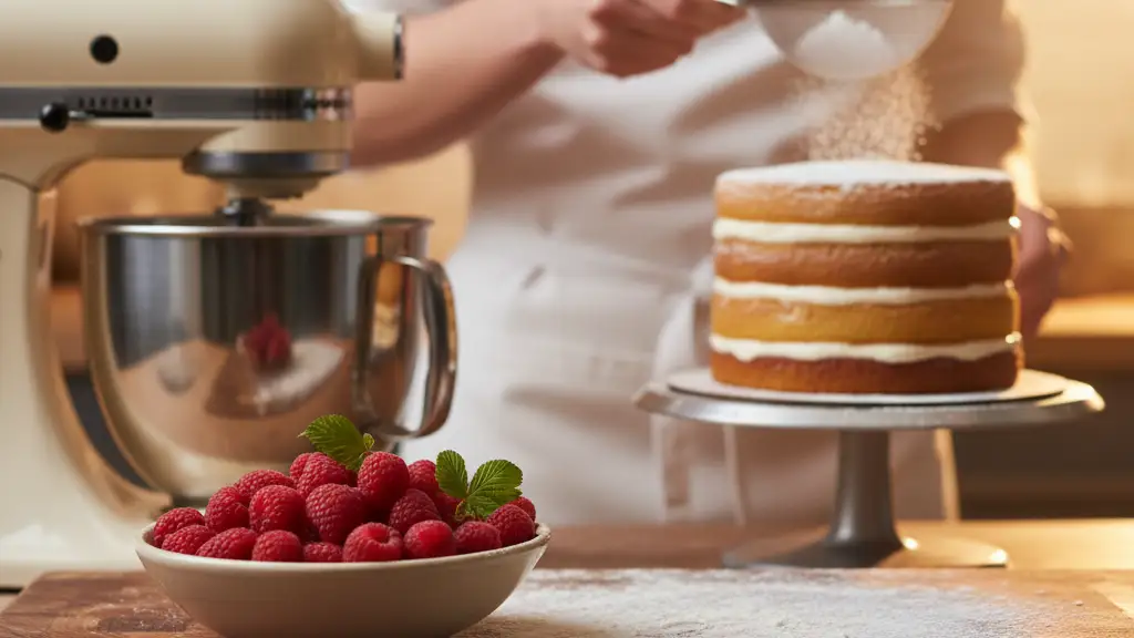 A close-up of baking ingredients and a stand mixer on a flour-dusted wooden counter.