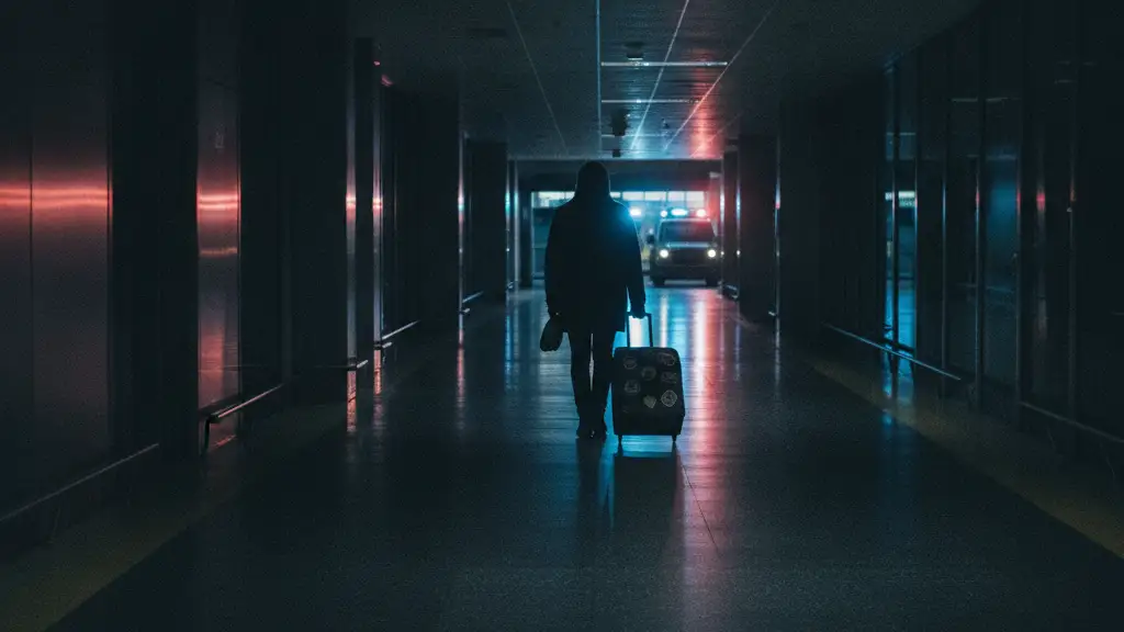 Silhouetted traveler in an empty airport corridor with emergency light reflections.