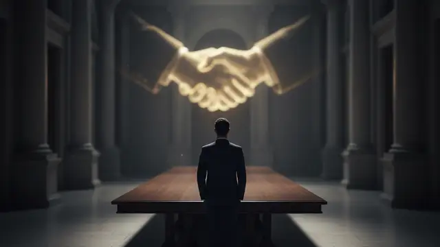 Silhouette of a person at a table, facing a golden handshake.