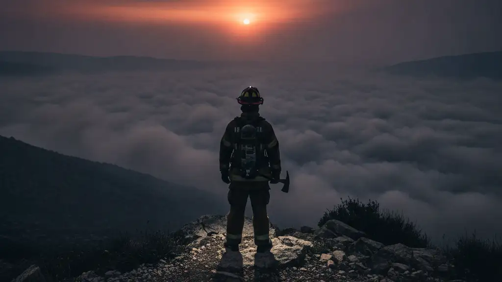 Silhouetted firefighter overlooking a vast, smoke-hazed valley at dusk.