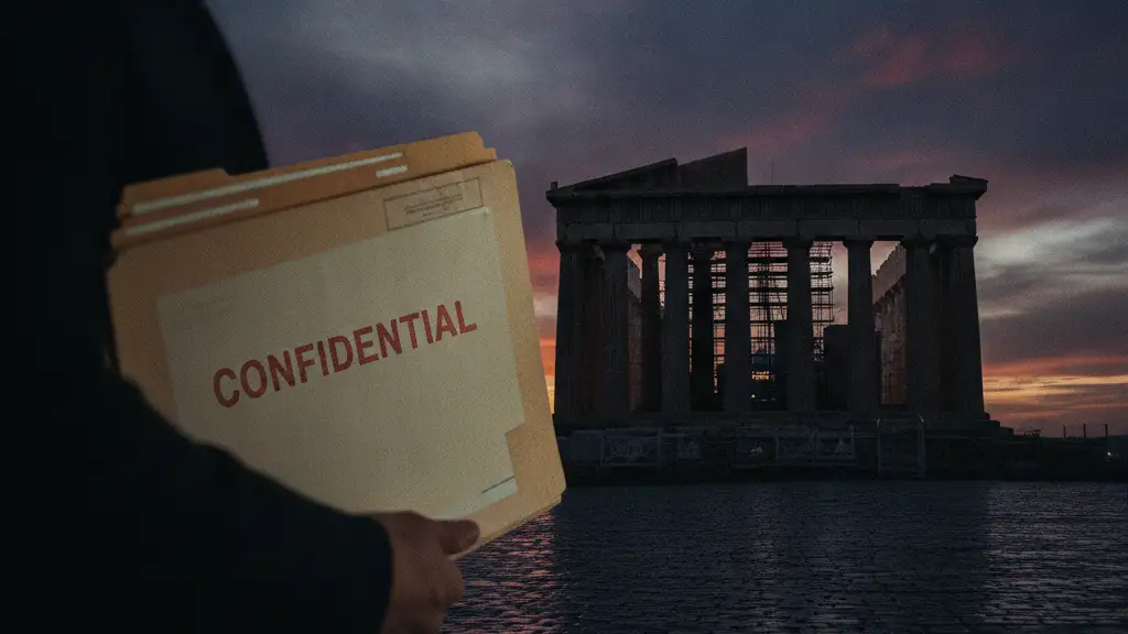 Blurred figure with 'CONFIDENTIAL' file, Acropolis in background, emergency light reflections.