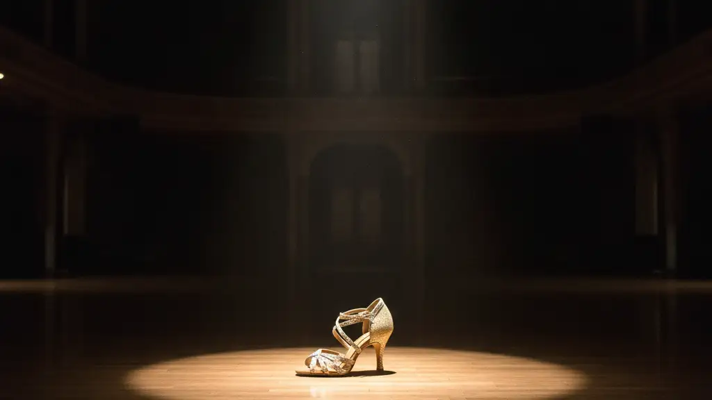 A single, elegant dance shoe on a spotlighted, empty ballroom floor.