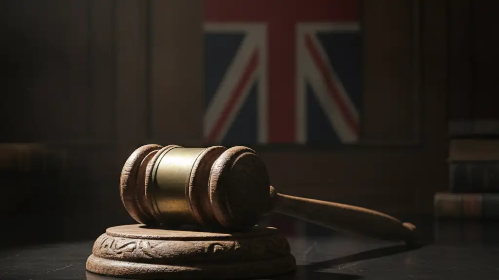A wooden gavel on a dark desk, with a blurred British flag in the background.