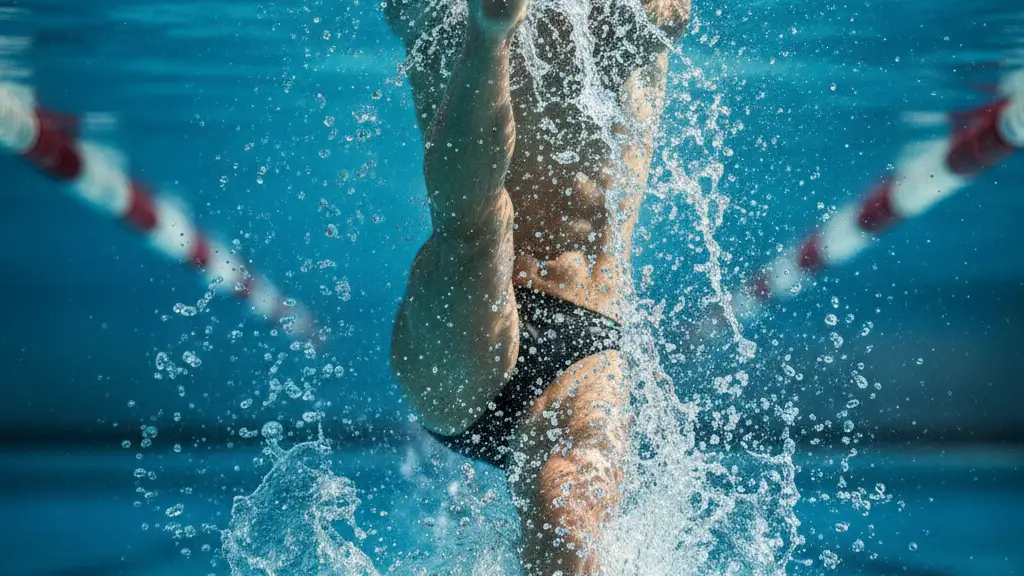 Swimmer's powerful legs kicking through turquoise water, creating a splash.